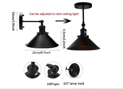 Kinkiet ścienny lampa na E27 czarna Retro metalowa Kinkiet ścienny lampa na E27 czarna Retro metalowa